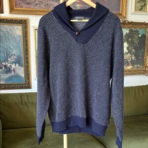 100% Lambs Wool Dark Blue Shawl Collar Sweater